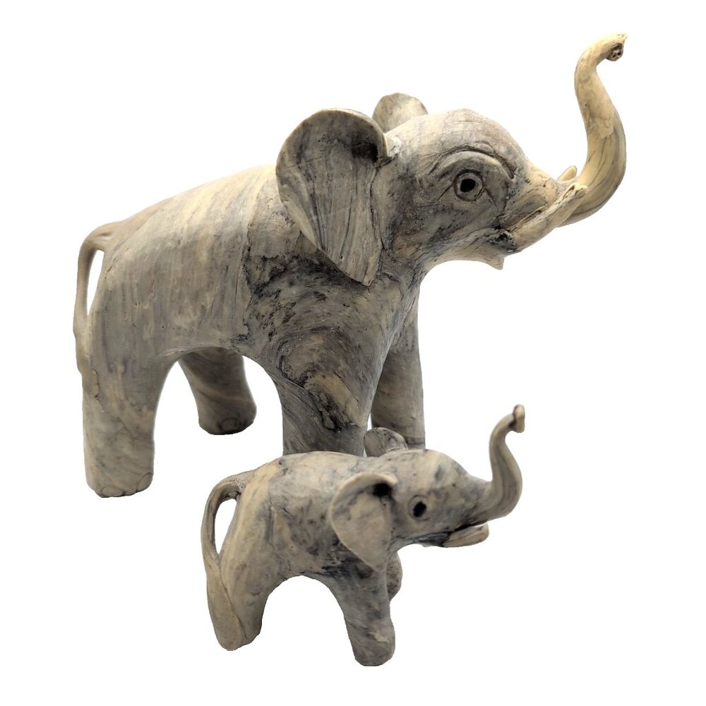 Set of 2 Vintage 1970s Crushed Oyster Shell Elephants Folk Art Collectibles VGC